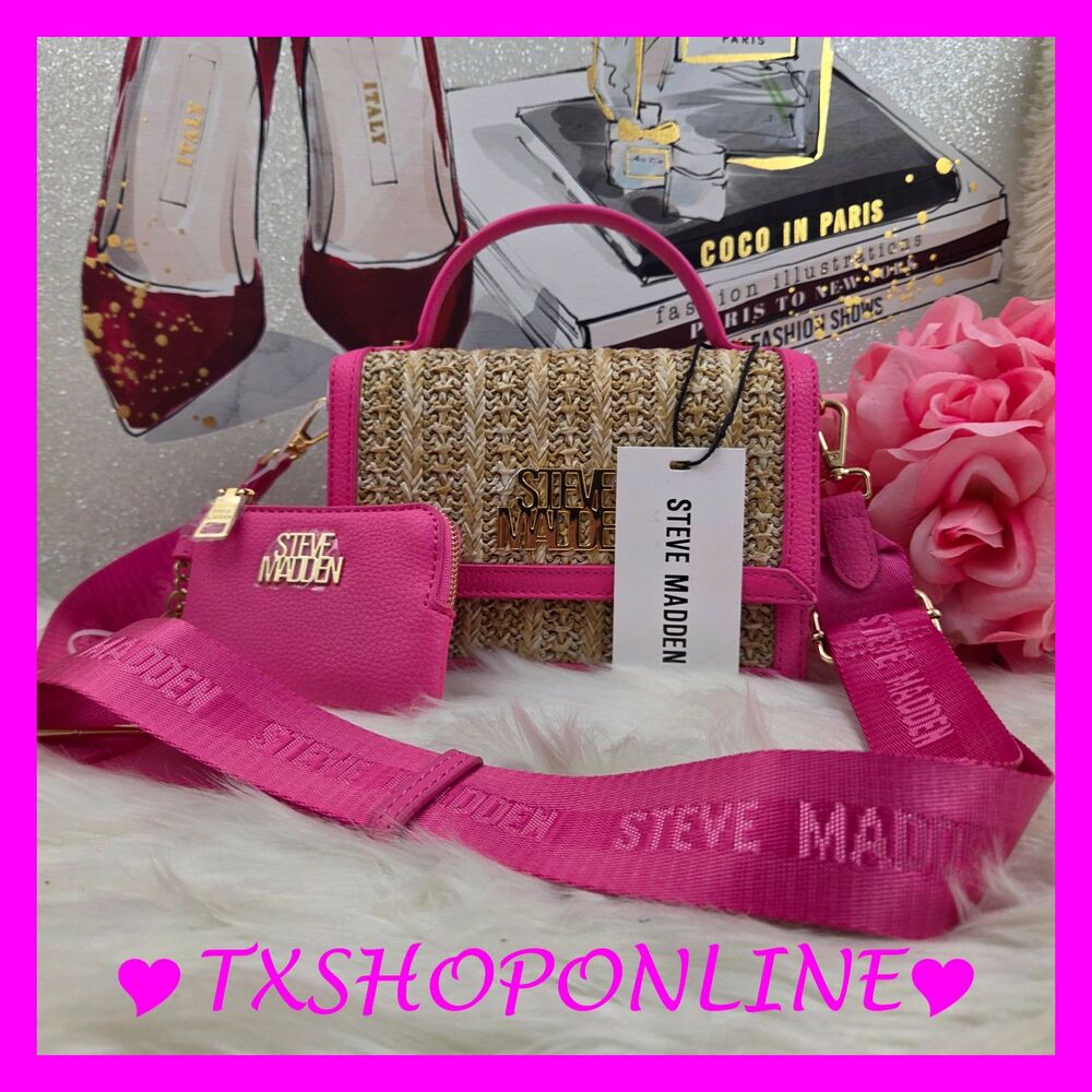 💗🌺Steve Madden Pink Straw Top-Handle Crossbody Bag with Coin Pouch💗🌺